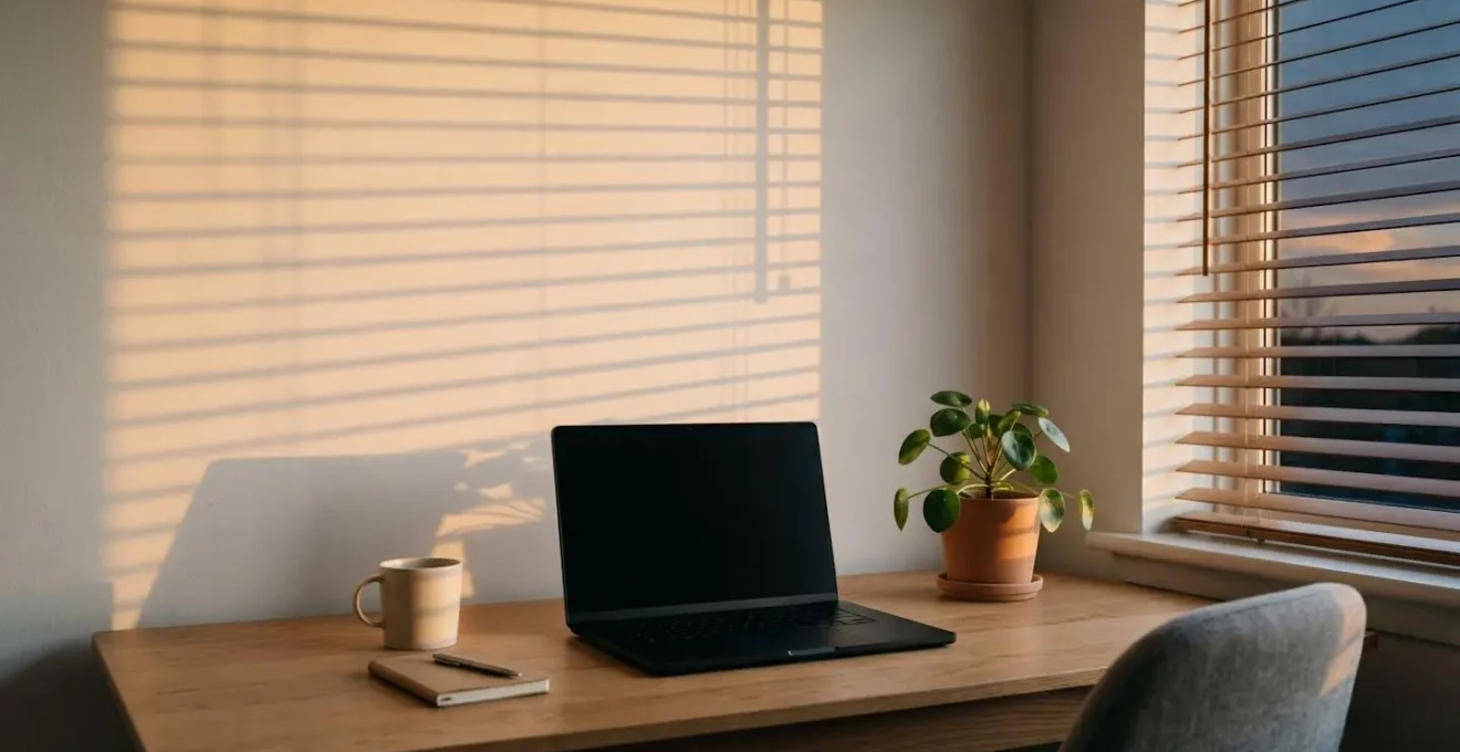 Espace de travail minimaliste avec écran d'ordinateur éteint et éclairage chaleureux ambiant