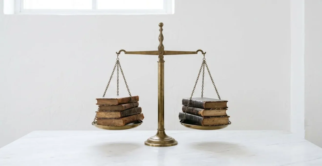 Balance ancienne en équilibre avec des livres des deux côtés symbolisant l'équilibre dans la critique littéraire