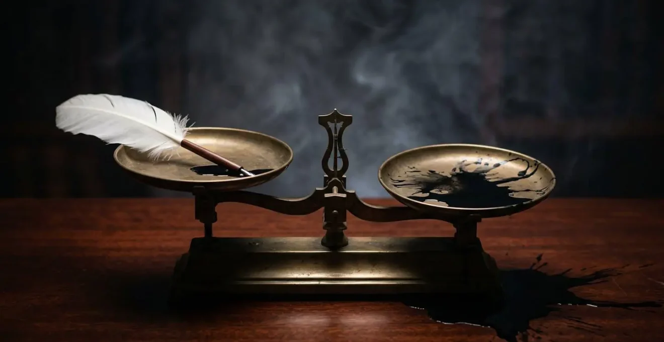 Une balance ancienne avec une plume d'un côté et de l'encre renversée de l'autre, symbolisant l'équilibre entre audace et mesure