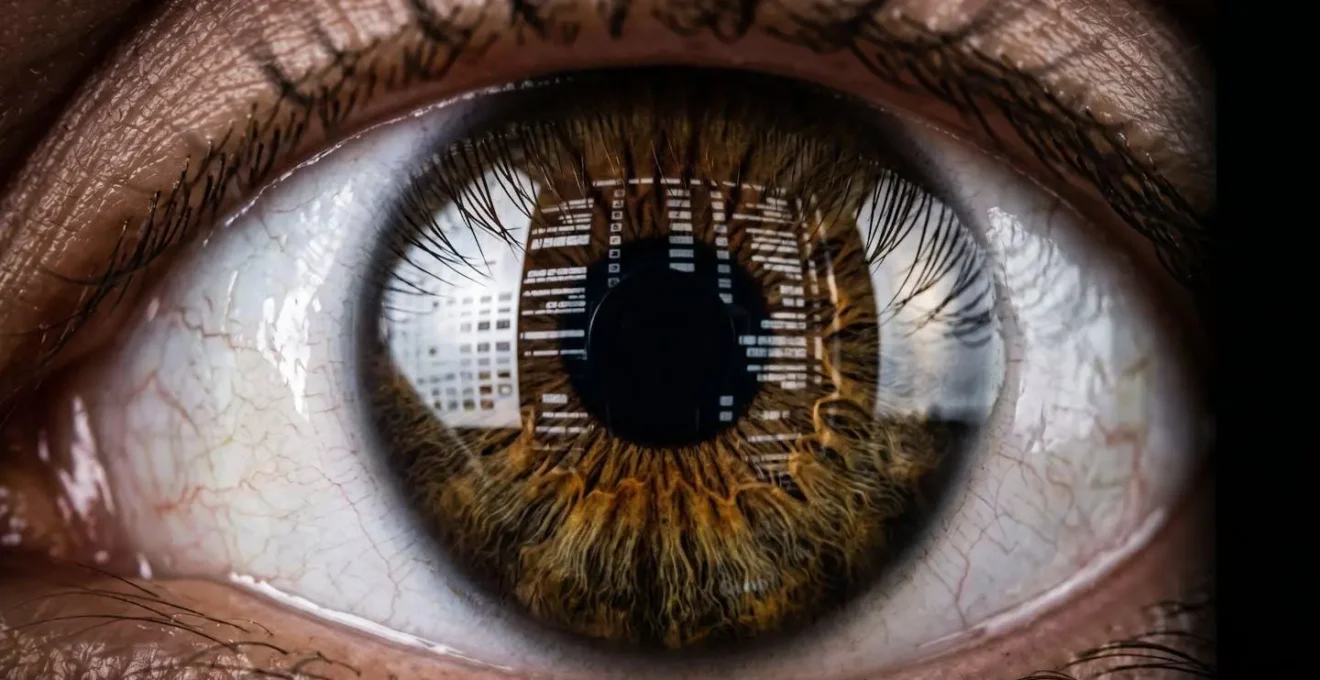 Vue macro d'un œil humain fixant le centre d'une page avec mise en évidence visuelle de la vision périphérique