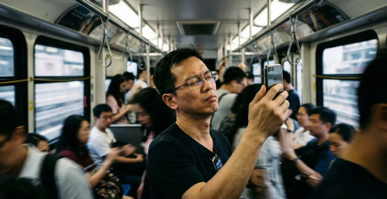 Passager dans un transport en commun tenant un smartphone avec signes de fatigue visuelle dans un environnement urbain bondé