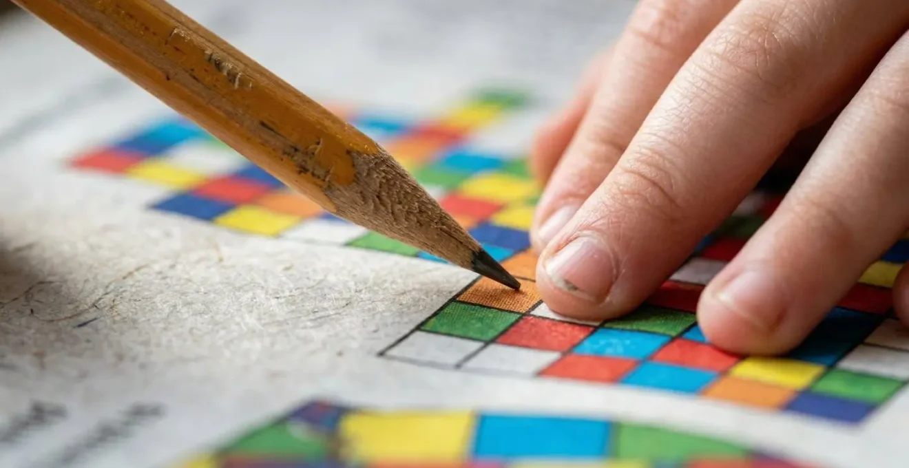 Gros plan sur une main d'enfant tenant un crayon au-dessus d'une grille de mots croisés colorée