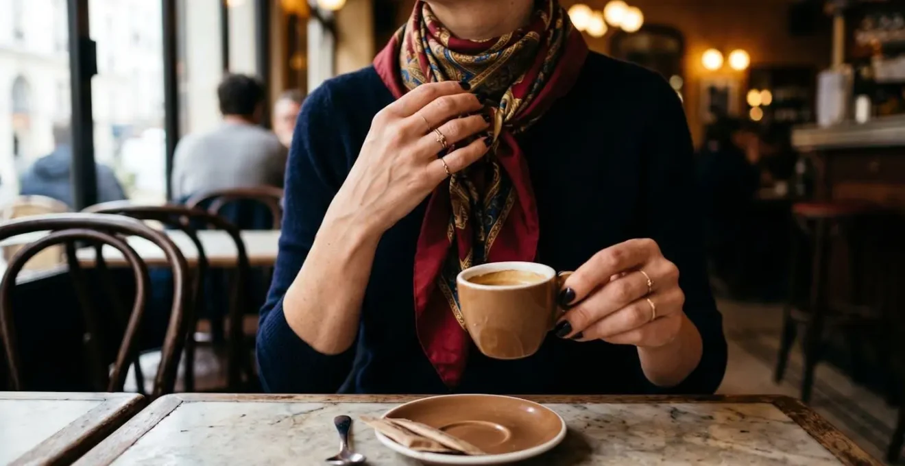 Mains expressives d'un personnage français gesticulant dans un café parisien atmosphérique