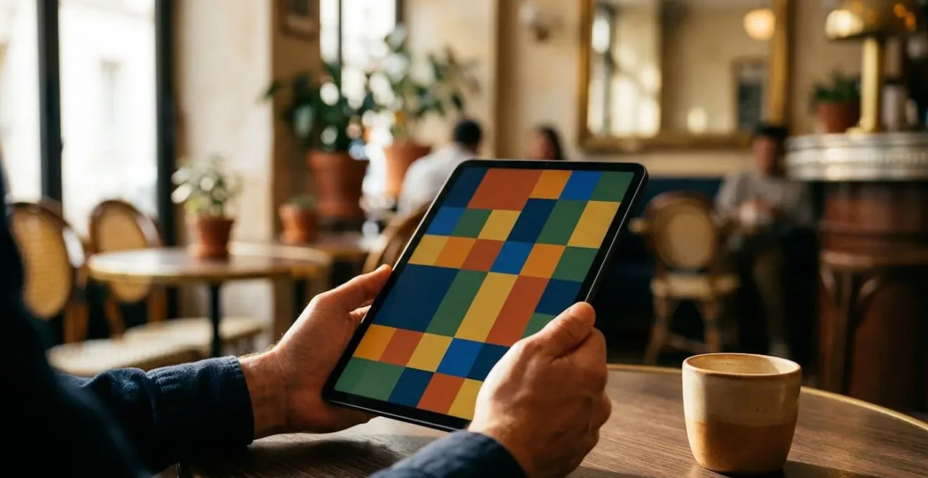 Une personne consultant plusieurs sources littéraires sur tablette dans un café parisien