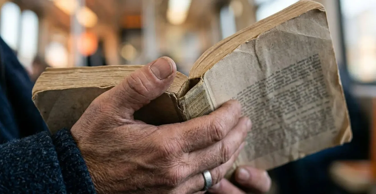 Gros plan macro sur des mains tenant un livre avec texture de papier visible et lumière douce