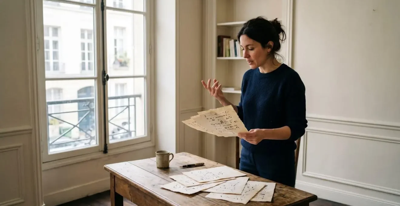 Personne lisant un livre de poésie dans un environnement calme avec notes manuscrites visibles en arrière-plan flou