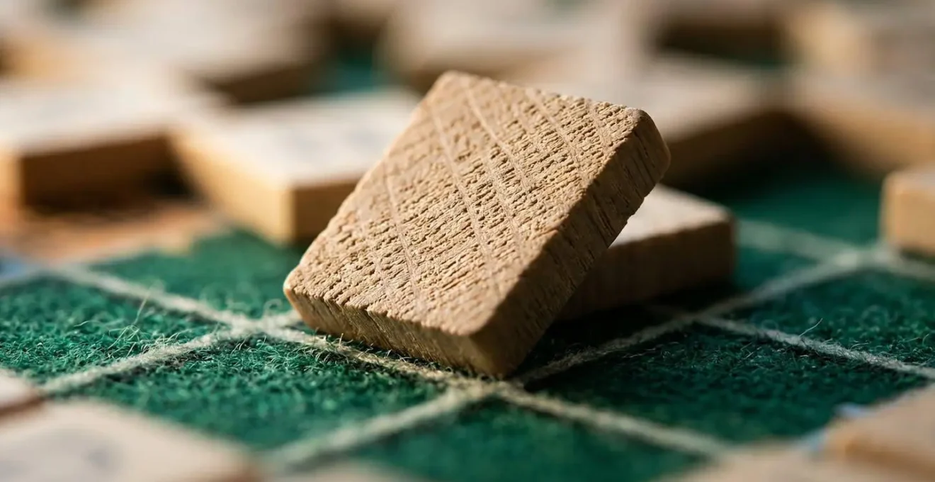 Vue macro d'une lettre E en bois sur plateau de Scrabble avec effet de profondeur