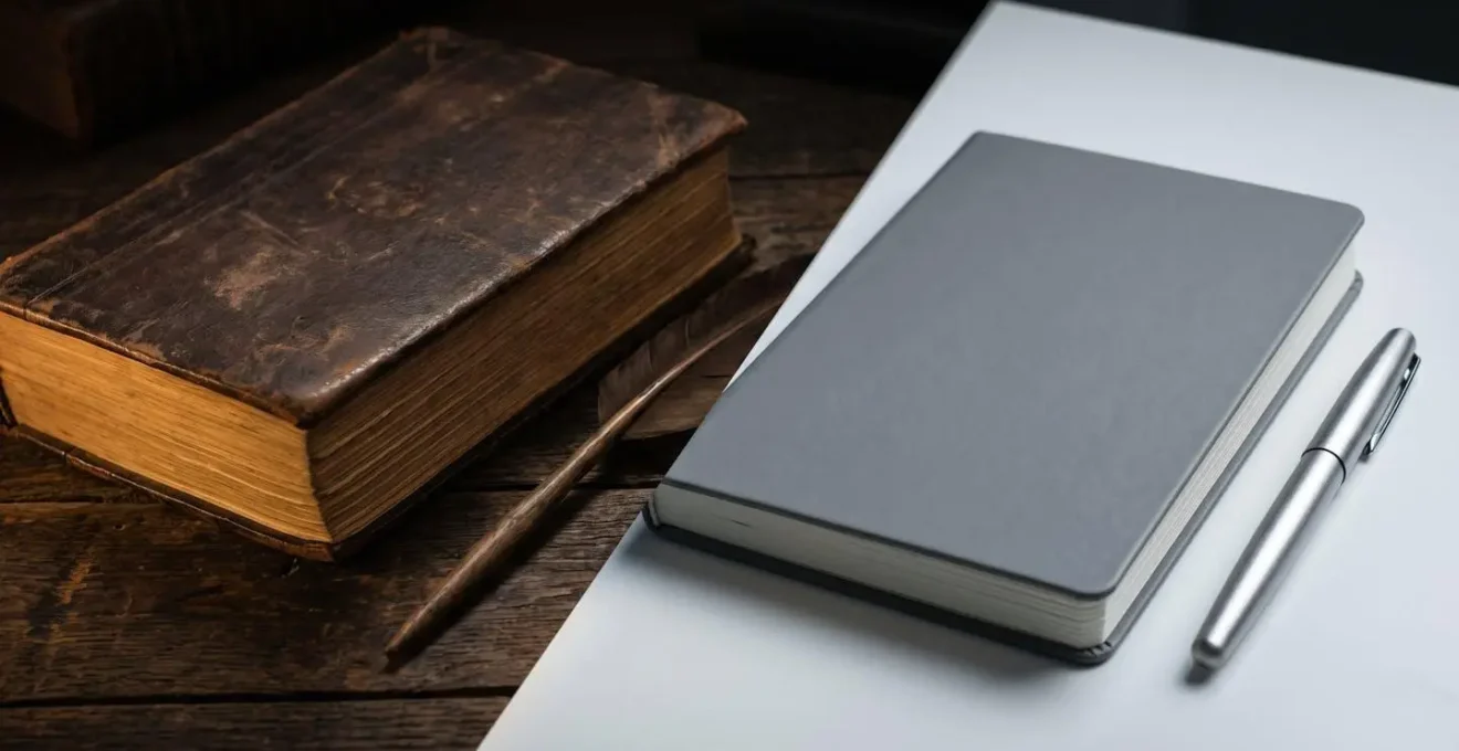 Contraste entre livre ancien aux pages jaunies et tablette moderne, symbolisant l'évolution des styles d'écriture