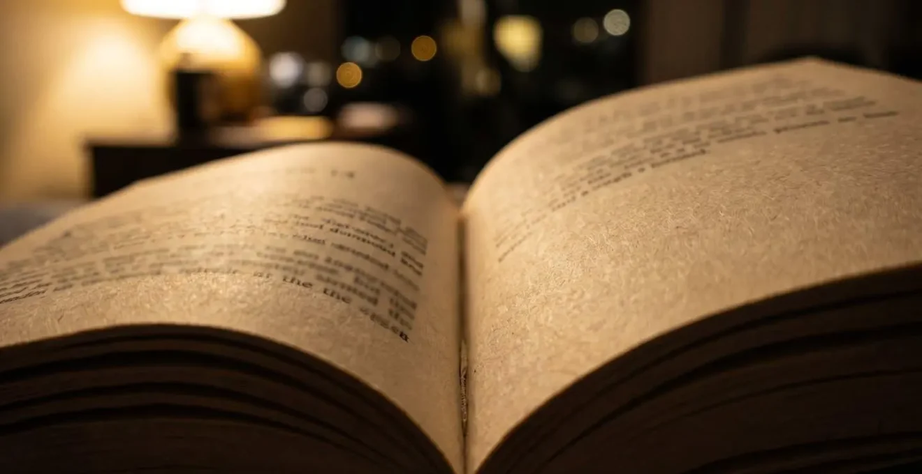 Pages d'un livre ouvert sur la dernière ligne d'un chapitre, dans une atmosphère de lecture nocturne intense.