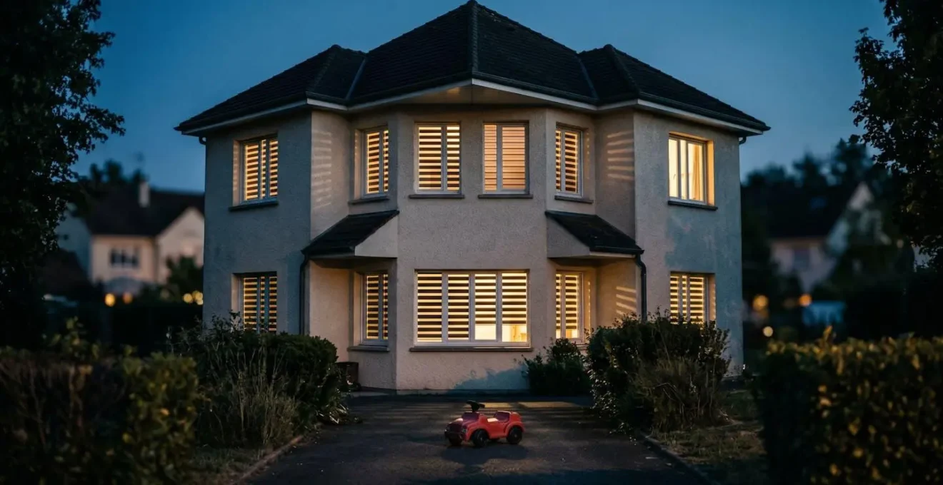 Maison pavillonnaire française au crépuscule avec ombres mystérieuses aux fenêtres