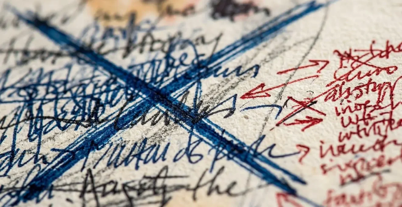 Détail macro d'un manuscrit avec des ratures et annotations montrant le processus de réécriture