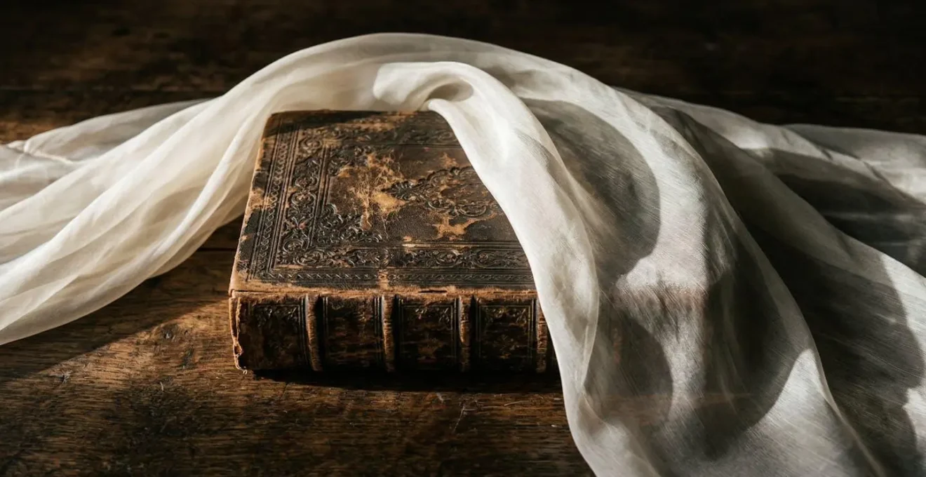 Composition artistique avec un livre ancien partiellement masqué par un voile translucide symbolisant la protection contre les spoilers