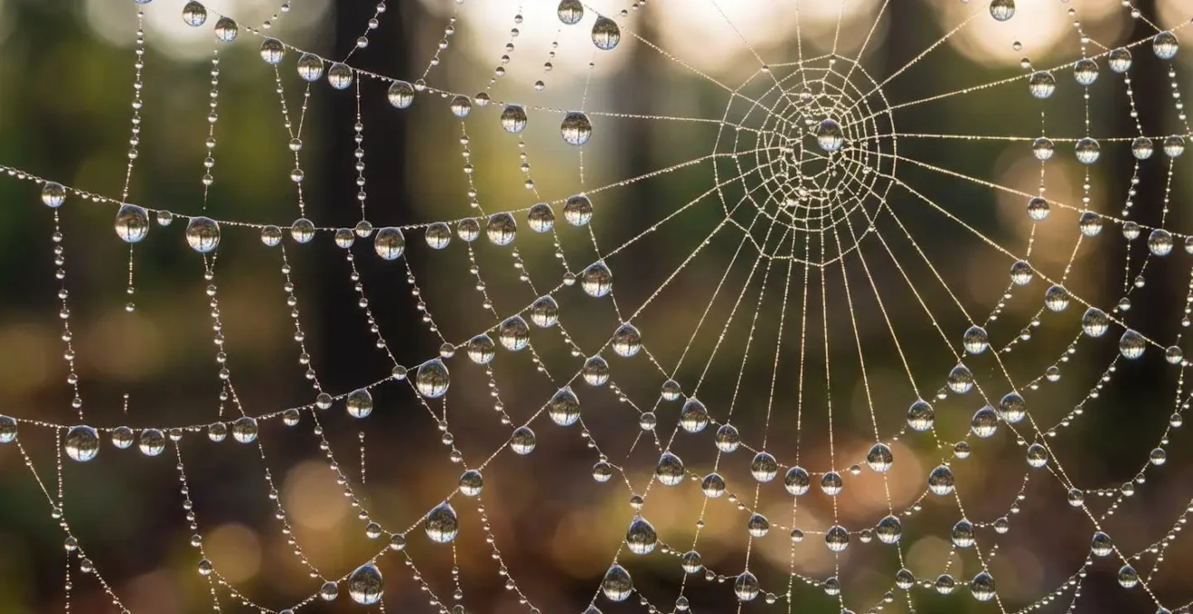 Vue macro d'une toile d'araignée couverte de rosée matinale, chaque goutte reflétant une image différente, symbolisant le développement d'une métaphore poétique