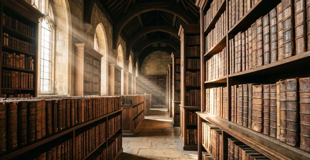 Rangée de livres anciens organisés alphabétiquement dans une bibliothèque historique