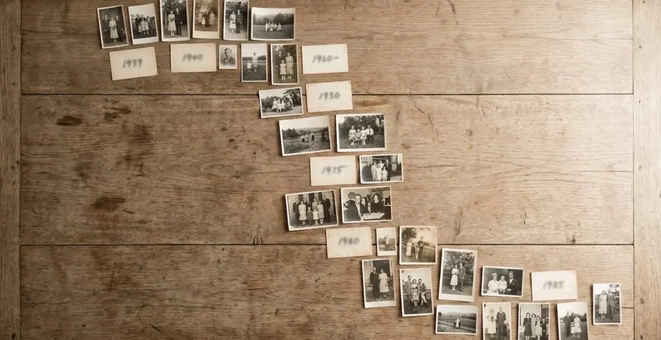 Table de travail avec photos anciennes organisées en timeline, mains arrangeant les souvenirs familiaux