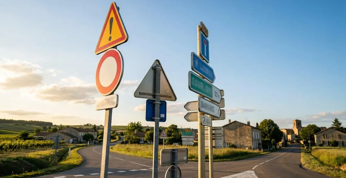 Vue artistique de panneaux de signalisation routière français montrant la diversité des formes et couleurs