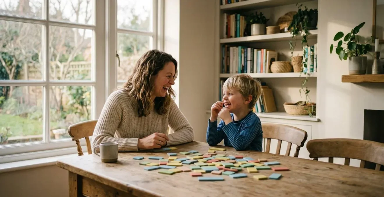 Parent et enfant riant ensemble autour d'un jeu de lettres dans une ambiance détendue