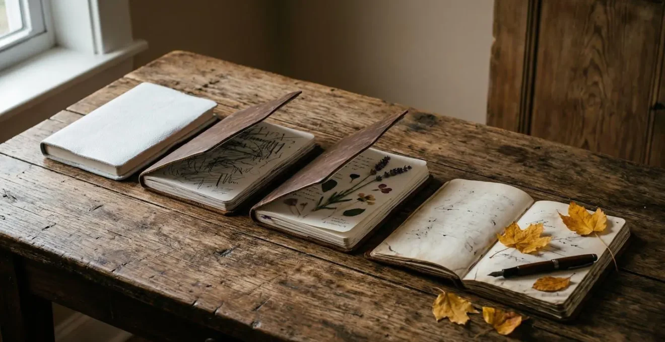 Quatre carnets représentant les saisons et les phases du deuil avec différents styles d'écriture symboliques.
