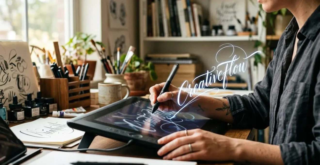 Espace de création numérique avec tablettes graphiques et outils de motion design