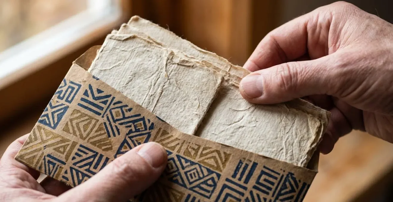 Main déposant délicatement un manuscrit dans une enveloppe protectrice