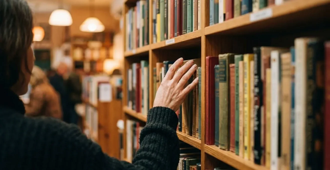 Vue en perspective d'une librairie française avec ses rayons organisés par genres