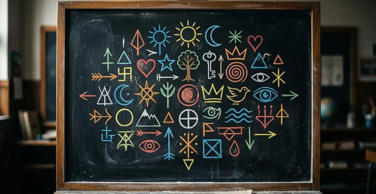 Tableau noir avec symboles colorés et dessins formant un rébus mystérieux