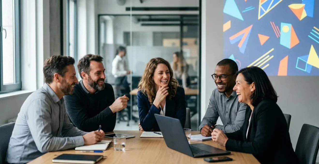 Groupe de professionnels autour d'une table observant ensemble des formes géométriques complexes projetées