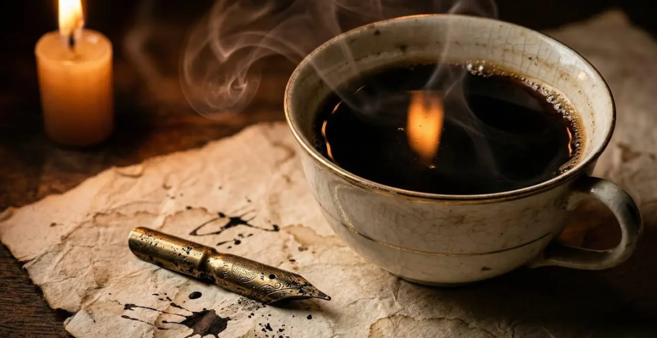Vue macro d'une tasse de café ancien avec plume et encrier, évoquant les rituels d'écriture des grands auteurs