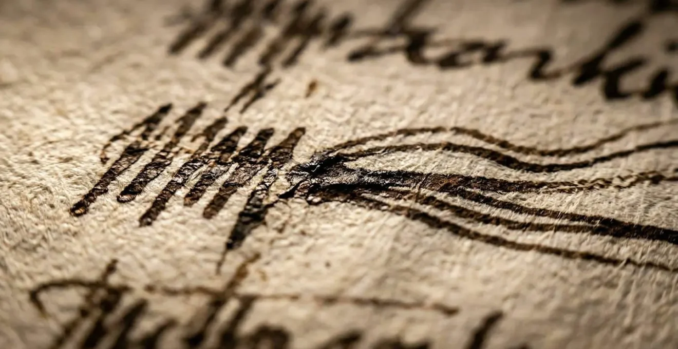 Vue macro d'une page manuscrite montrant des lignes d'écriture de longueurs variées créant un motif rythmique