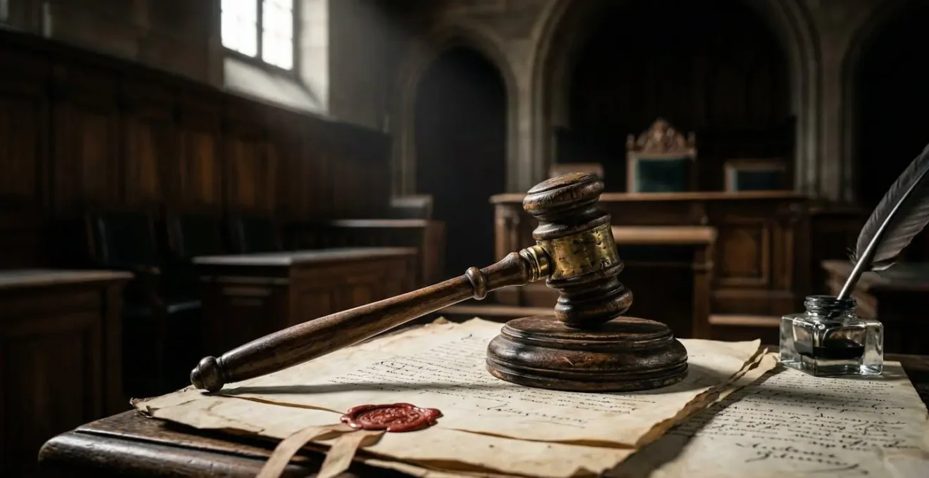 Reconstitution d'un tribunal du XIXe siècle avec documents juridiques anciens symbolisant le procès de Flaubert