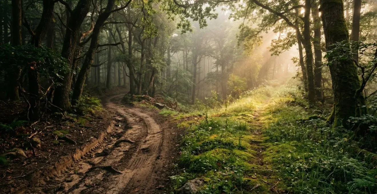 Un sentier forestier qui se divise, symbolisant le choix entre un chemin creusé par la rumination et un nouveau chemin neuronal.