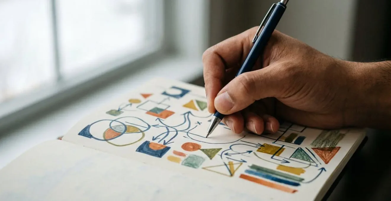 Main tenant un stylo au-dessus d'un carnet avec des notes visuelles colorées et des symboles graphiques