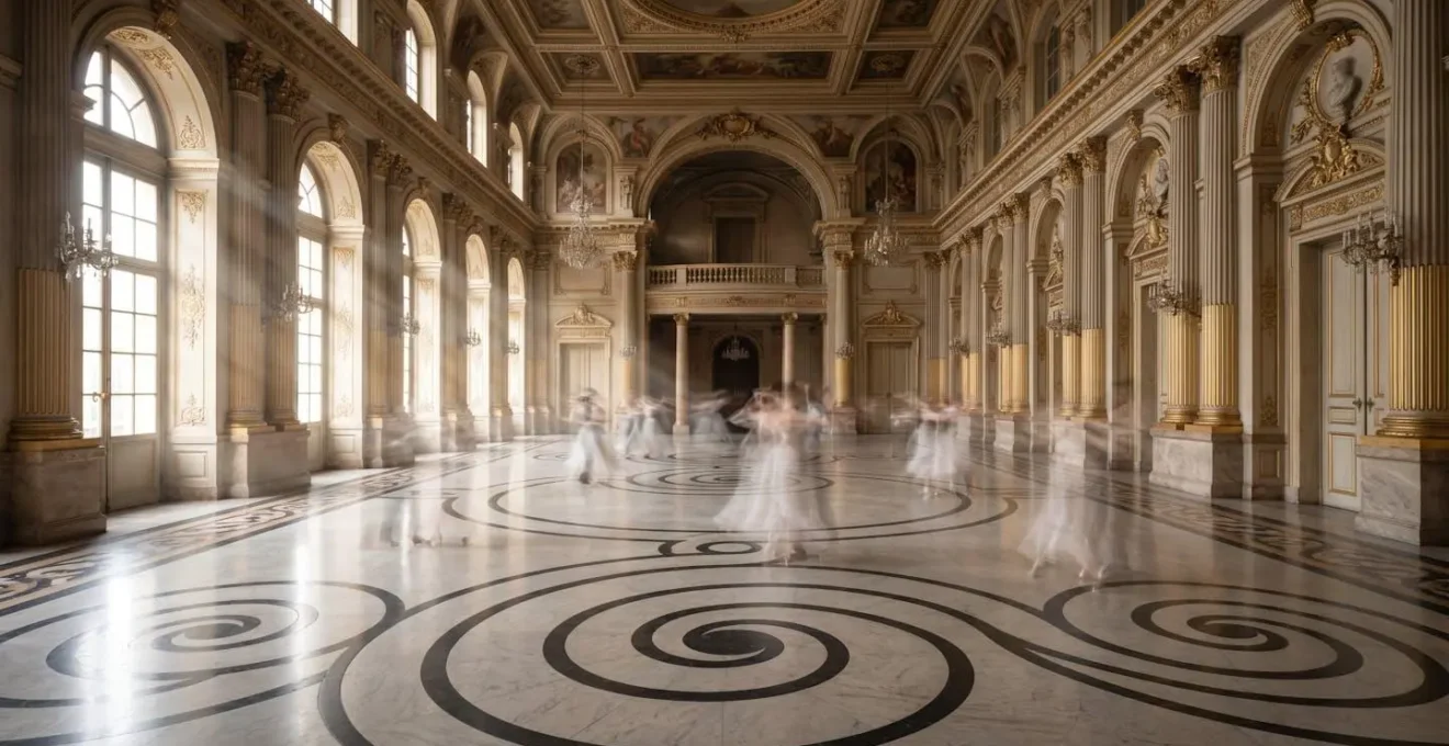 Couple de danseurs en mouvement flou évoquant le rythme ternaire de la valse